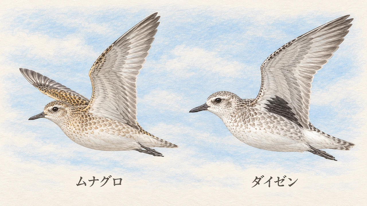 飛翔するムナグロの淡い脇とダイゼンの黒い脇を比較