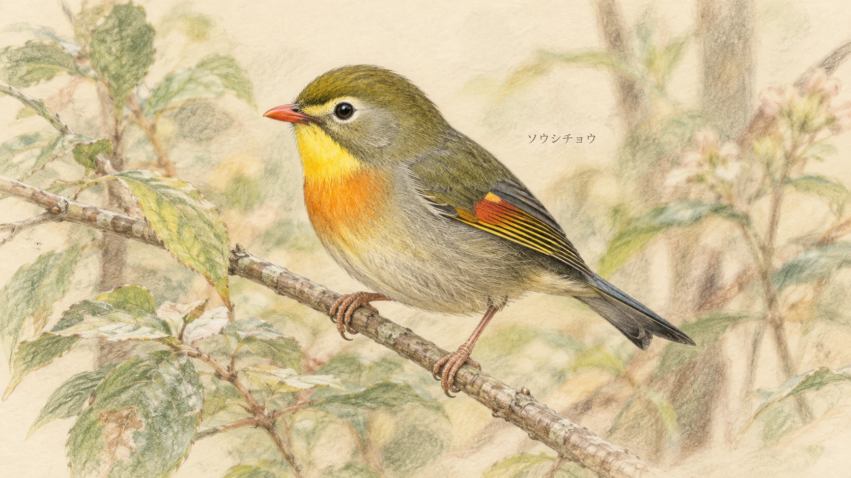 黄色いのどと橙色の胸、赤いくちばしを持つソウシチョウの色鉛筆画