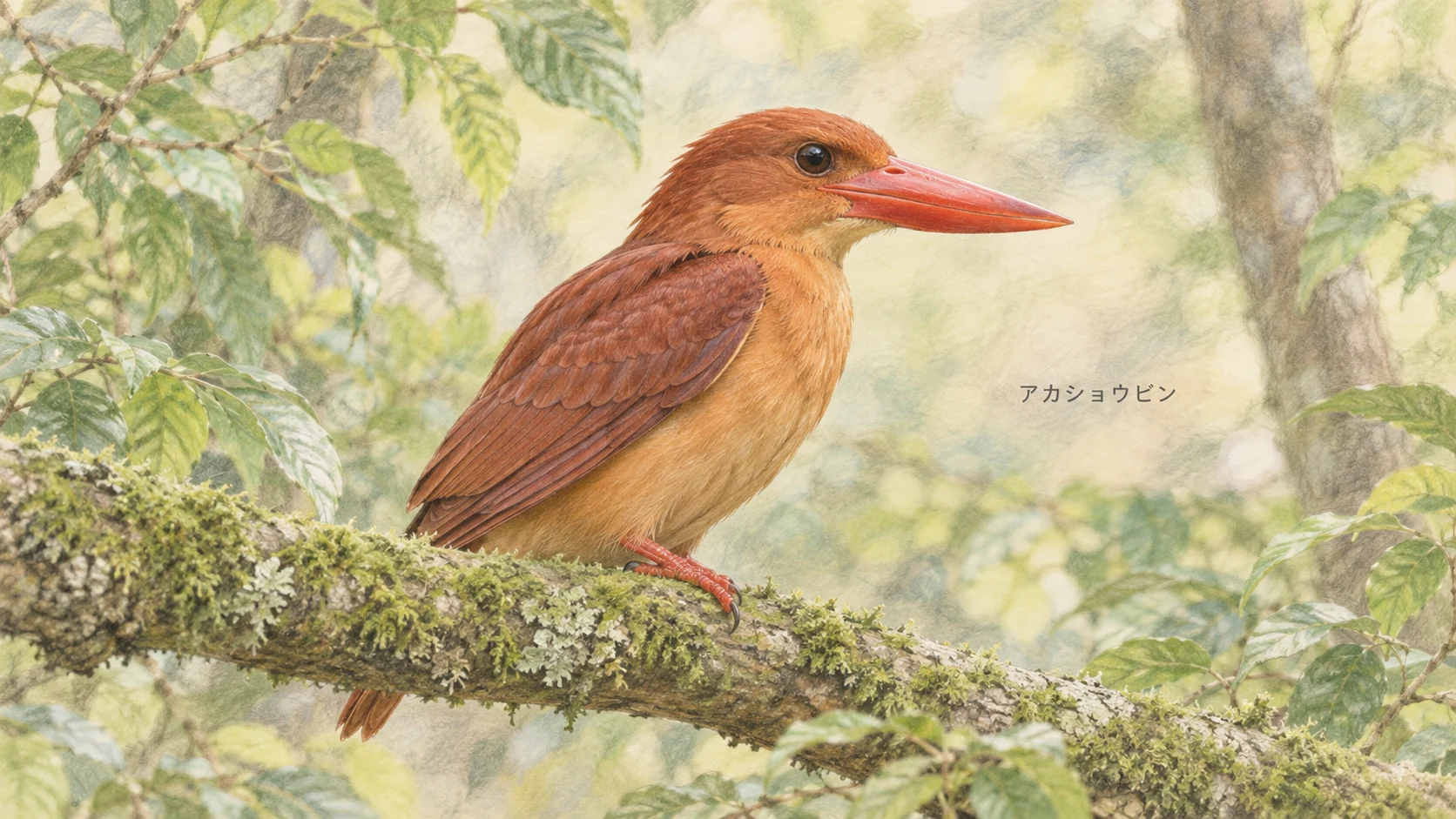 太い赤いくちばしと赤褐色の体が特徴のアカショウビンの色鉛筆画