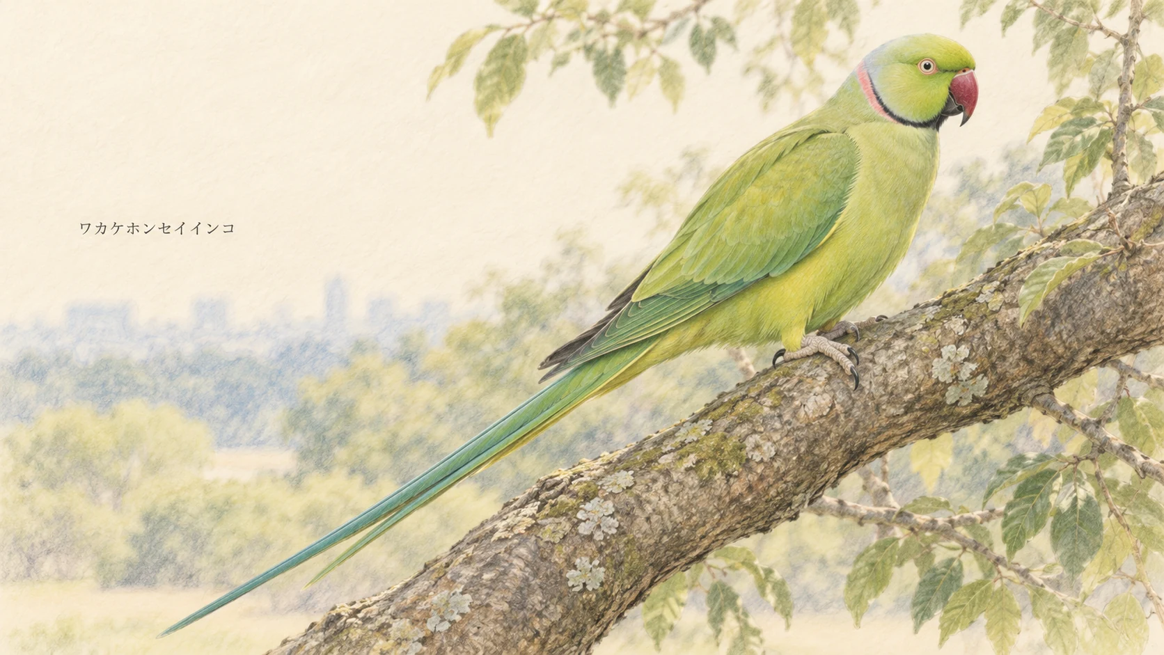 赤い上くちばしと長い尾を持つワカケホンセイインコの色鉛筆画