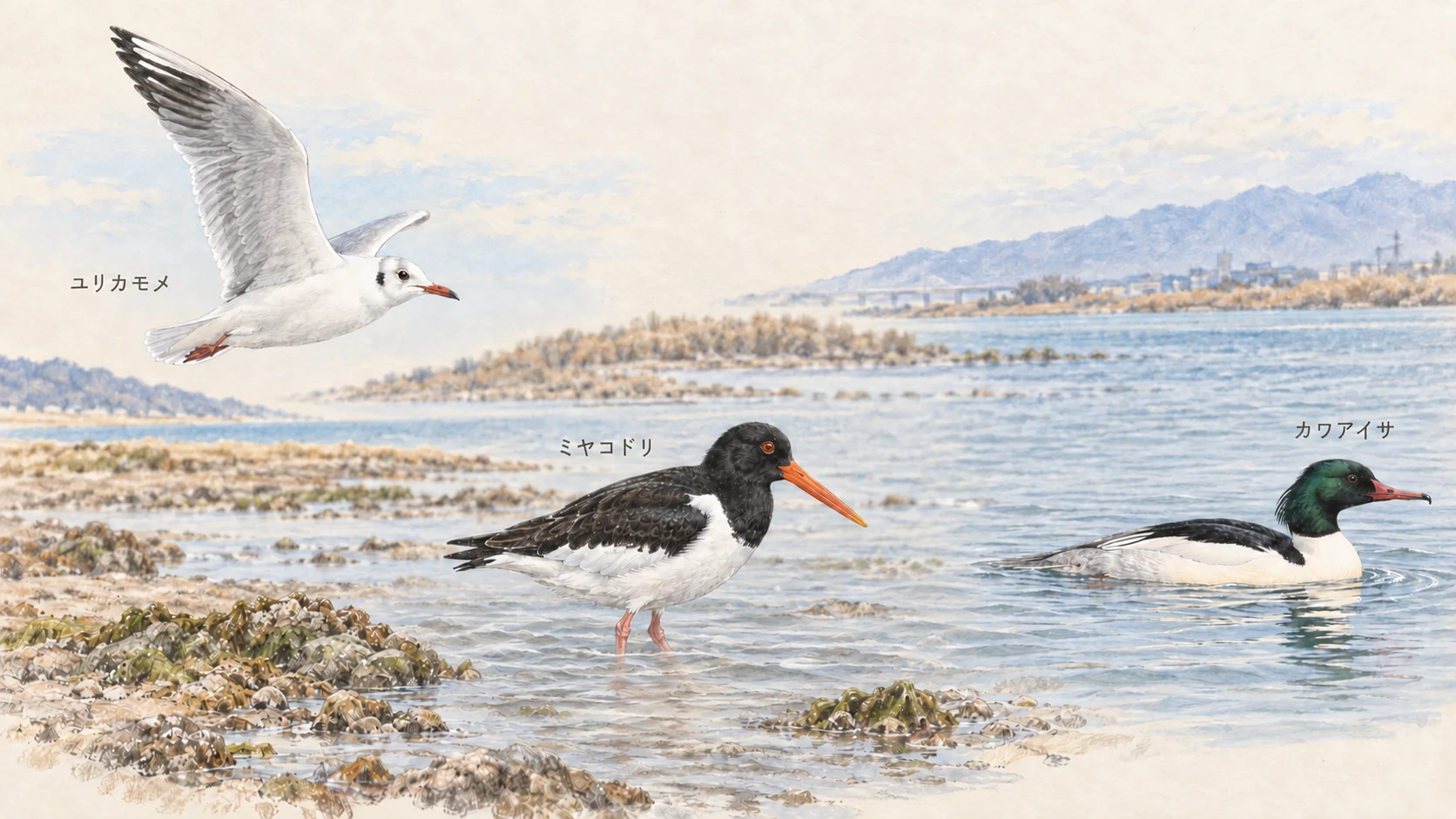 冬羽のユリカモメ、干潟のミヤコドリ、水面のカワアイサの色鉛筆画