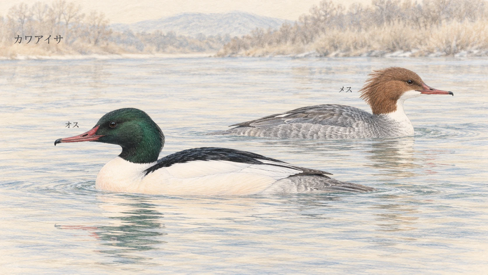 カワアイサのオスとメスの頭や体色を比べる色鉛筆画