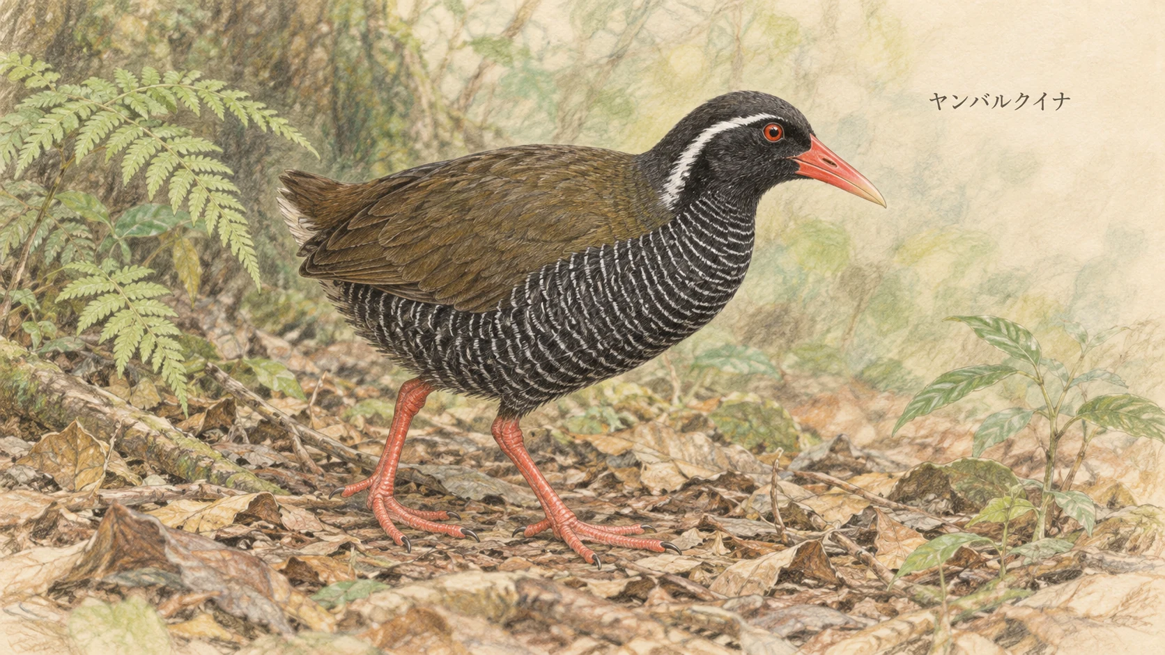 赤いくちばしと足、白い横縞の胸を持つヤンバルクイナの色鉛筆画