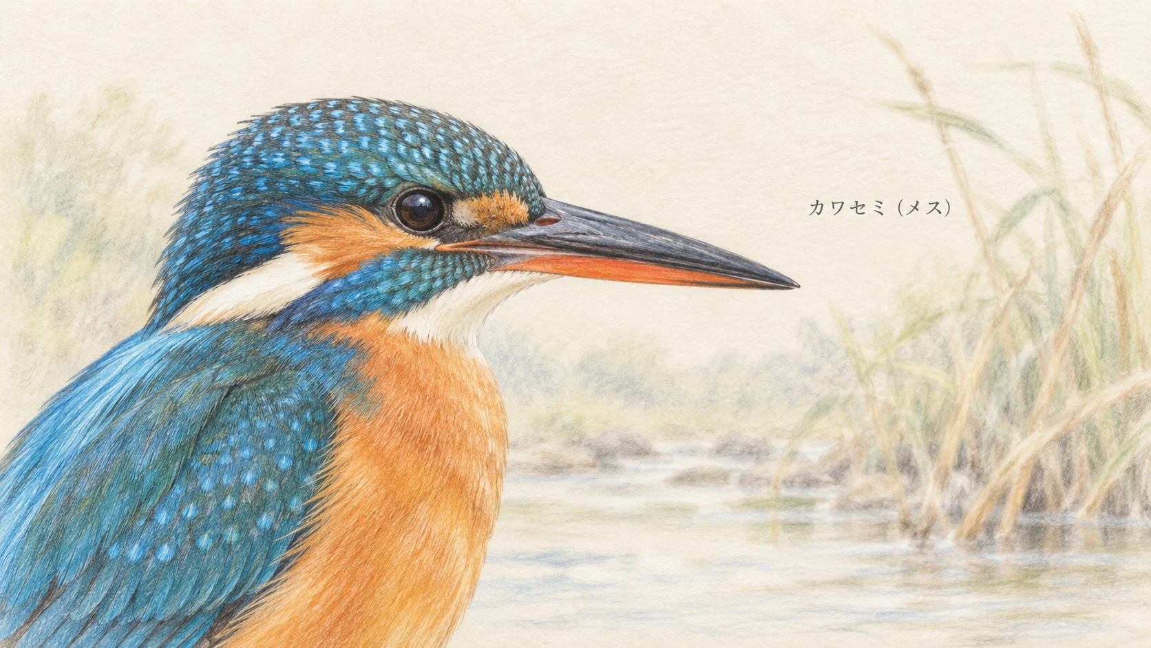 上くちばしが黒く下くちばしが赤いカワセミのメスの色鉛筆画