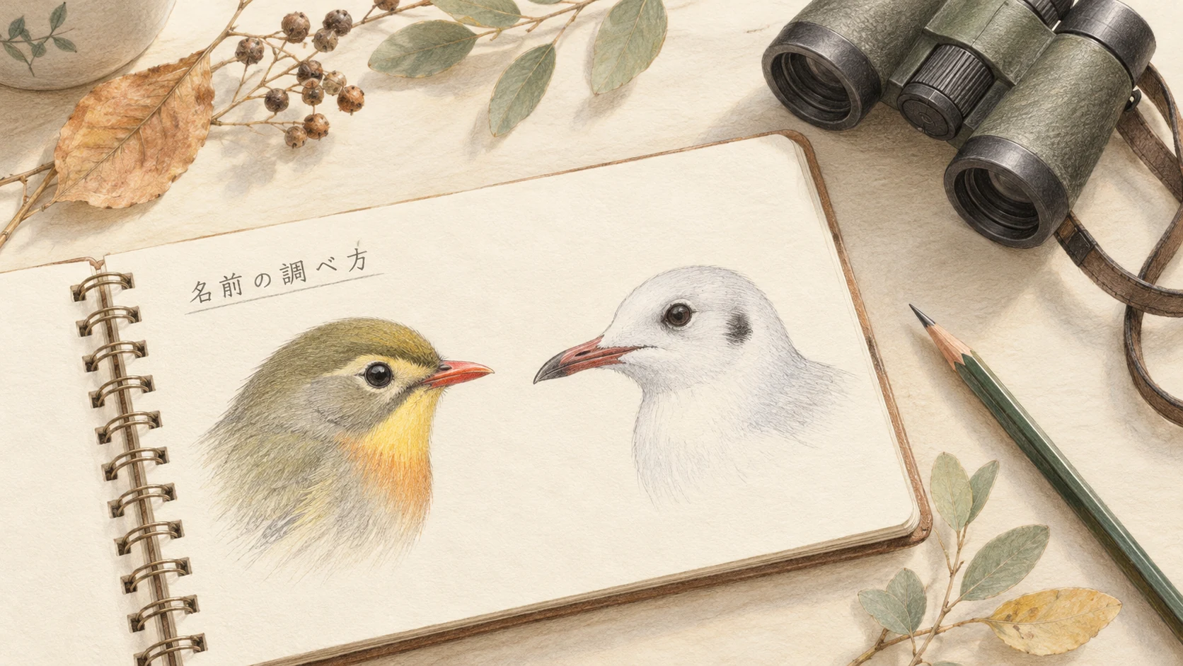 鳥の特徴を記録するノートと双眼鏡を描いた淡い色鉛筆画