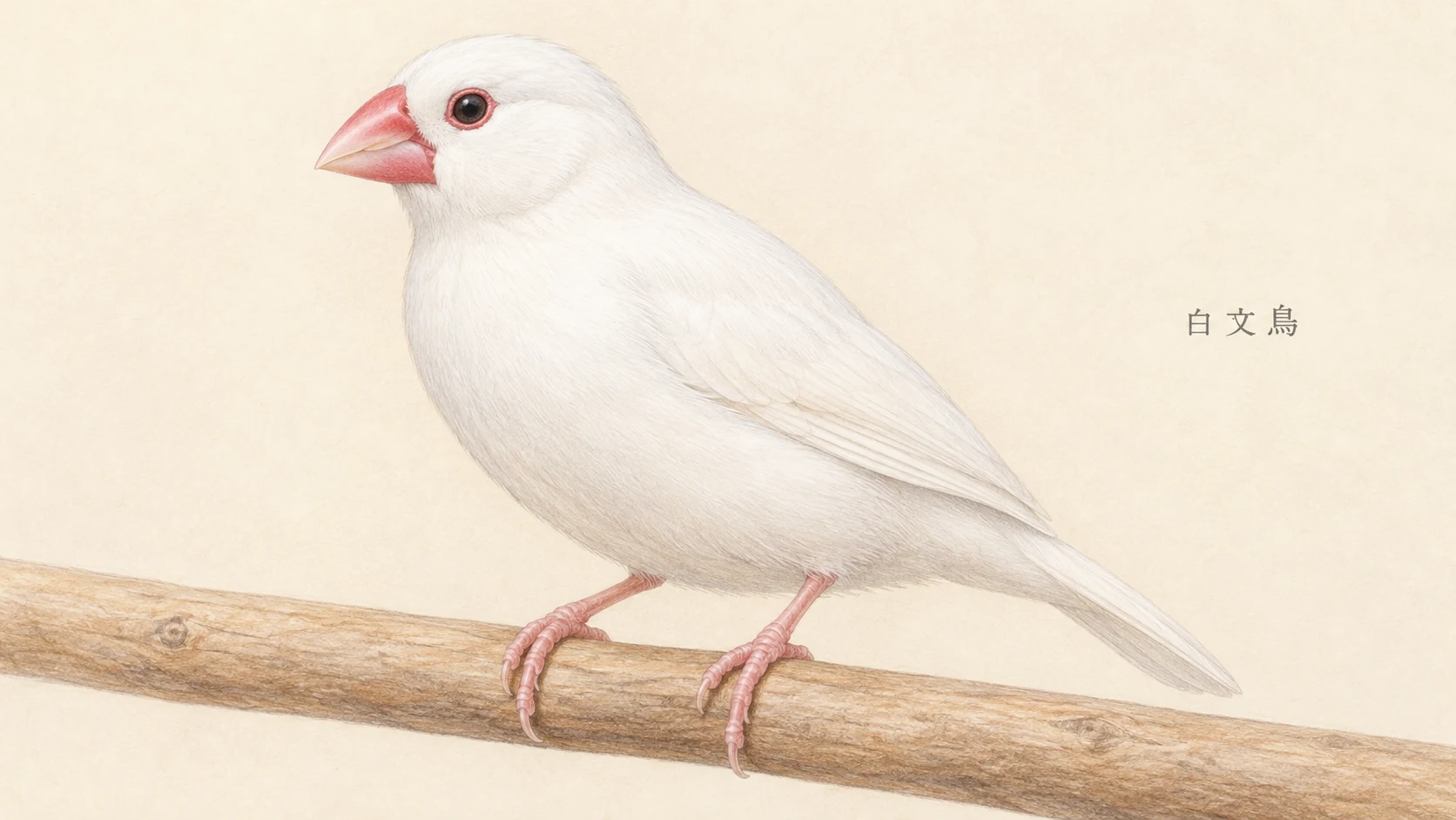 白い羽と太い赤いくちばしを持つ白文鳥の色鉛筆画