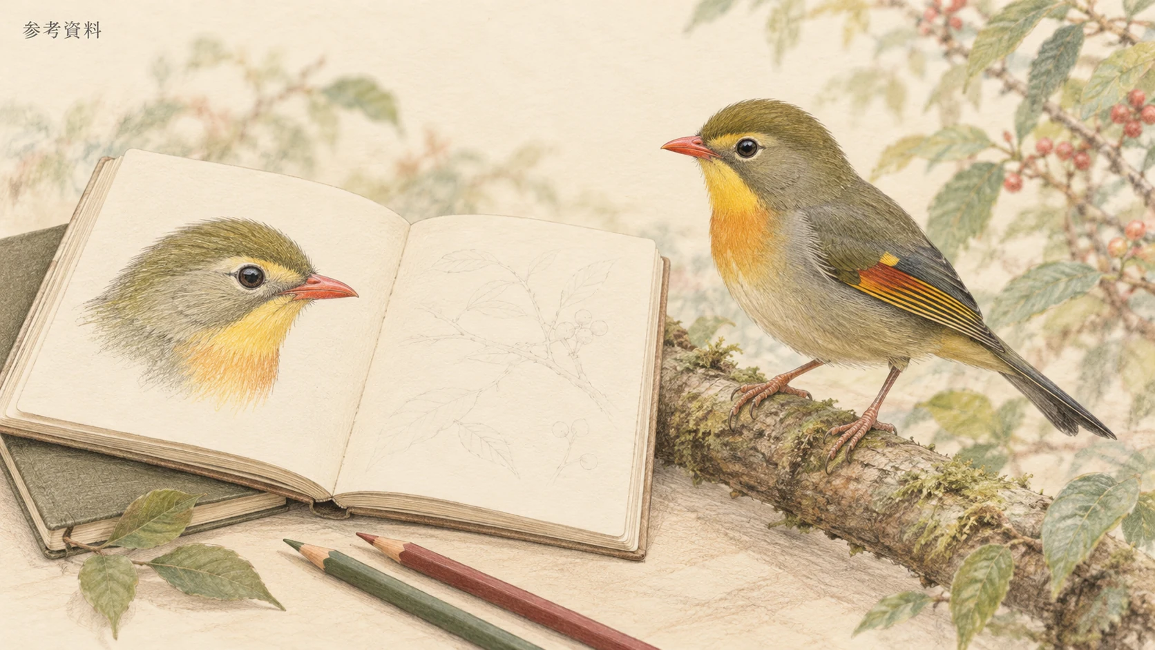 野鳥図鑑と色鉛筆を描いた参考資料欄のイラスト