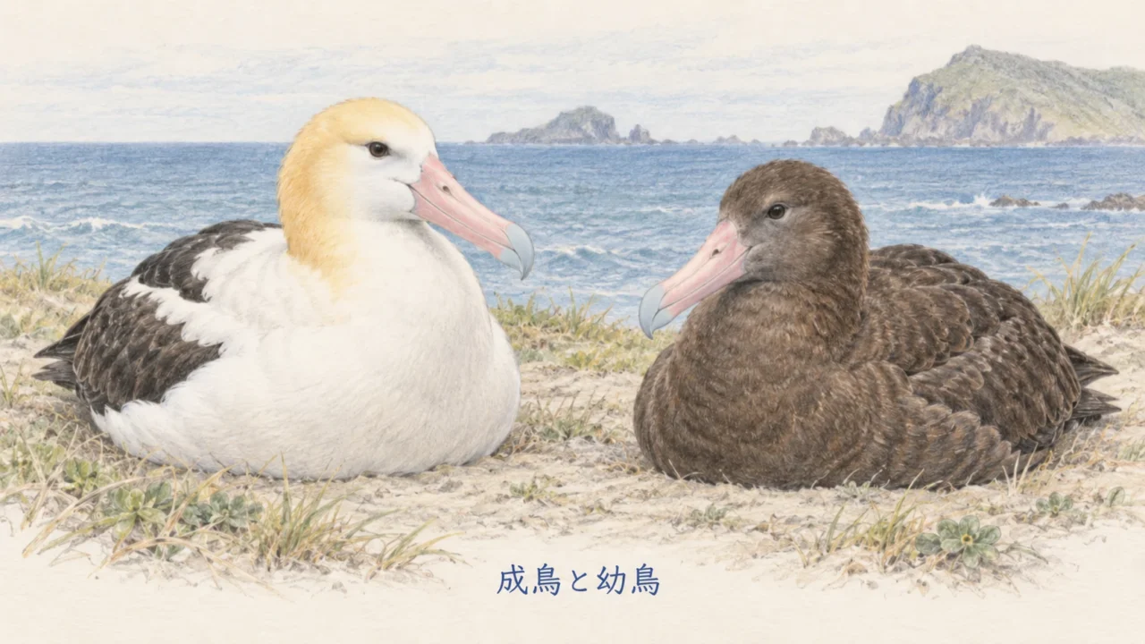 白い体と黄色い頭のアホウドリの成鳥と、全身が黒褐色の幼鳥を並べた比較イラスト