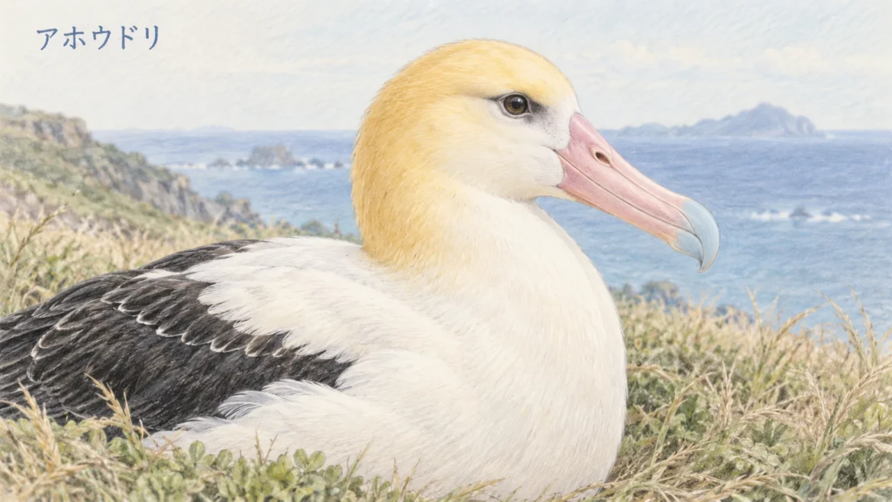 アホウドリの成鳥の顔とくちばし。淡い黄色の頭、太いピンク色のくちばし、折りたたんだ翼