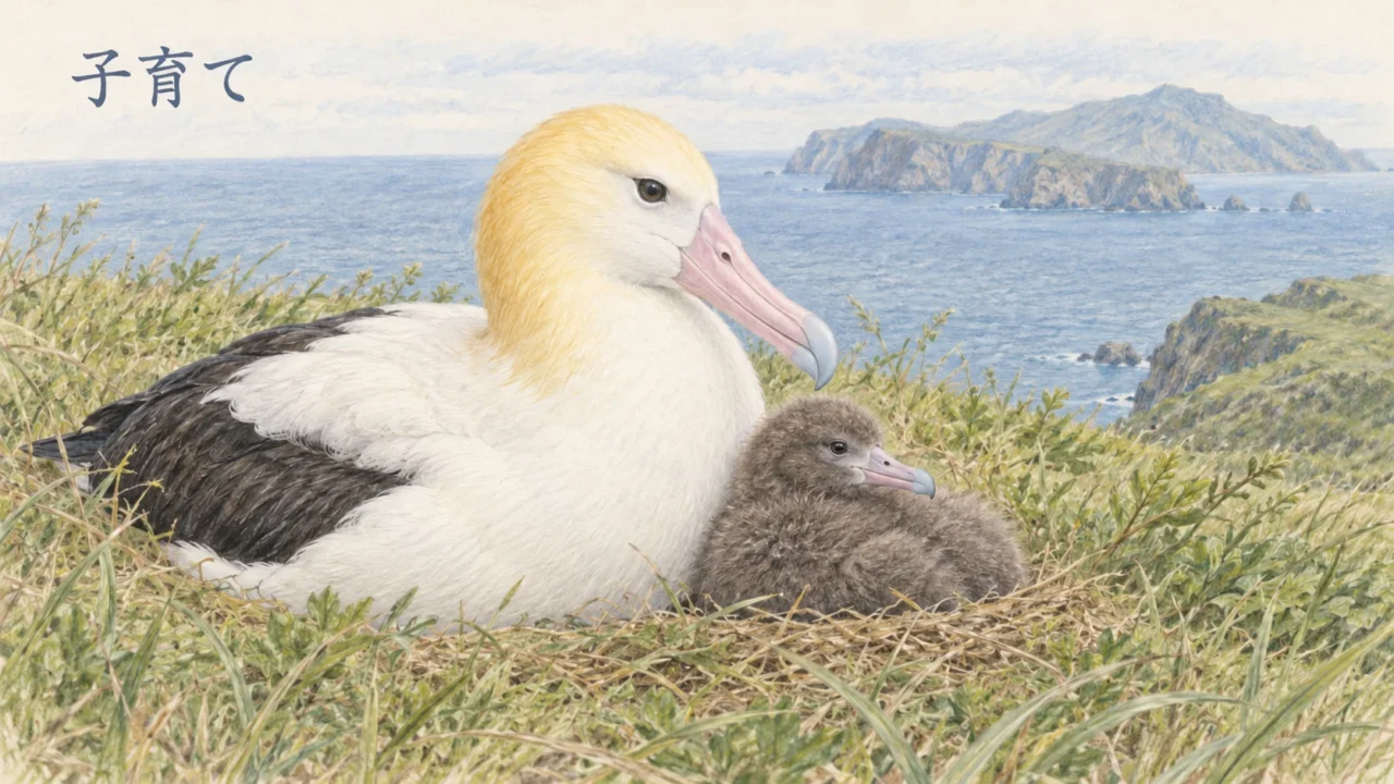 草地の巣で並んで休むアホウドリの親鳥と、褐色の綿羽に覆われた小さなヒナ