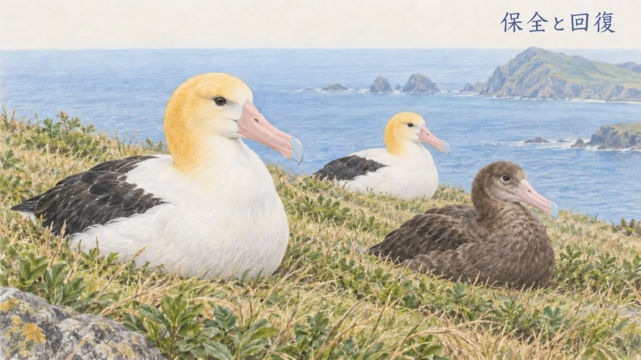 島の草地で休む2羽の白いアホウドリの成鳥と1羽の黒褐色の幼鳥