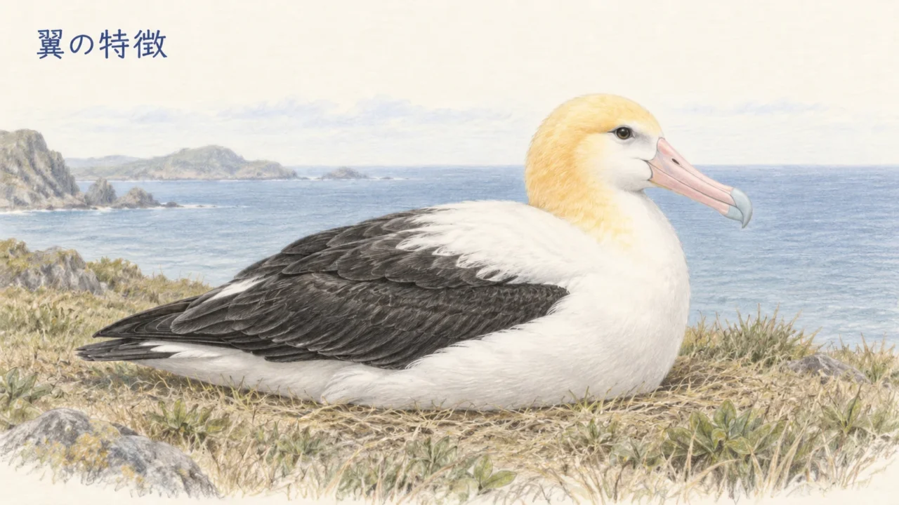 地上で休むアホウドリの長い黒い翼を、折りたたんだ状態で描いたイラスト