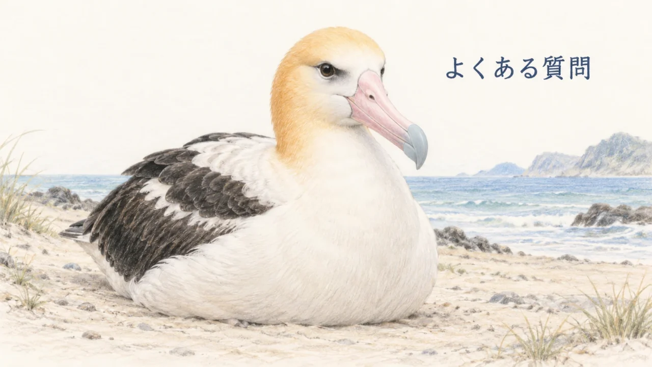 砂浜で翼を折りたたんで休むアホウドリの成鳥を正面寄りから描いたイラスト