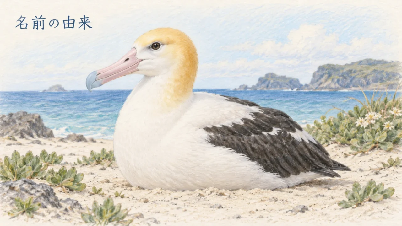 海岸の砂地で静かに休むアホウドリの成鳥を描いた淡い色鉛筆画