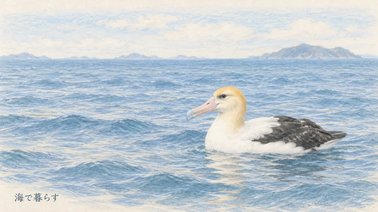 翼を折りたたみ、淡い青色の海面に浮かんで休むアホウドリの成鳥
