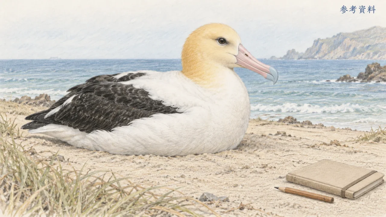海辺で休むアホウドリの成鳥と、手前の無地の野帳と鉛筆を描いたイラスト