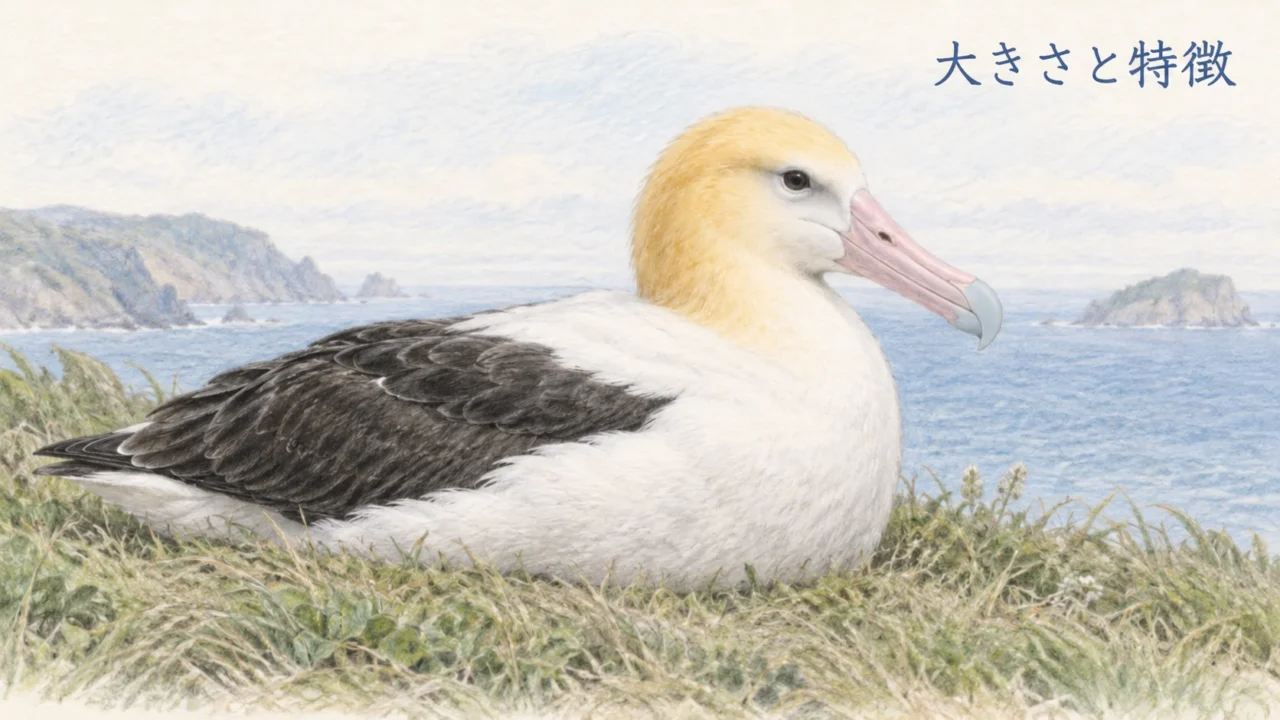 草地で座って休むアホウドリの成鳥。白い体と黒い翼、大きなピンク色のくちばし