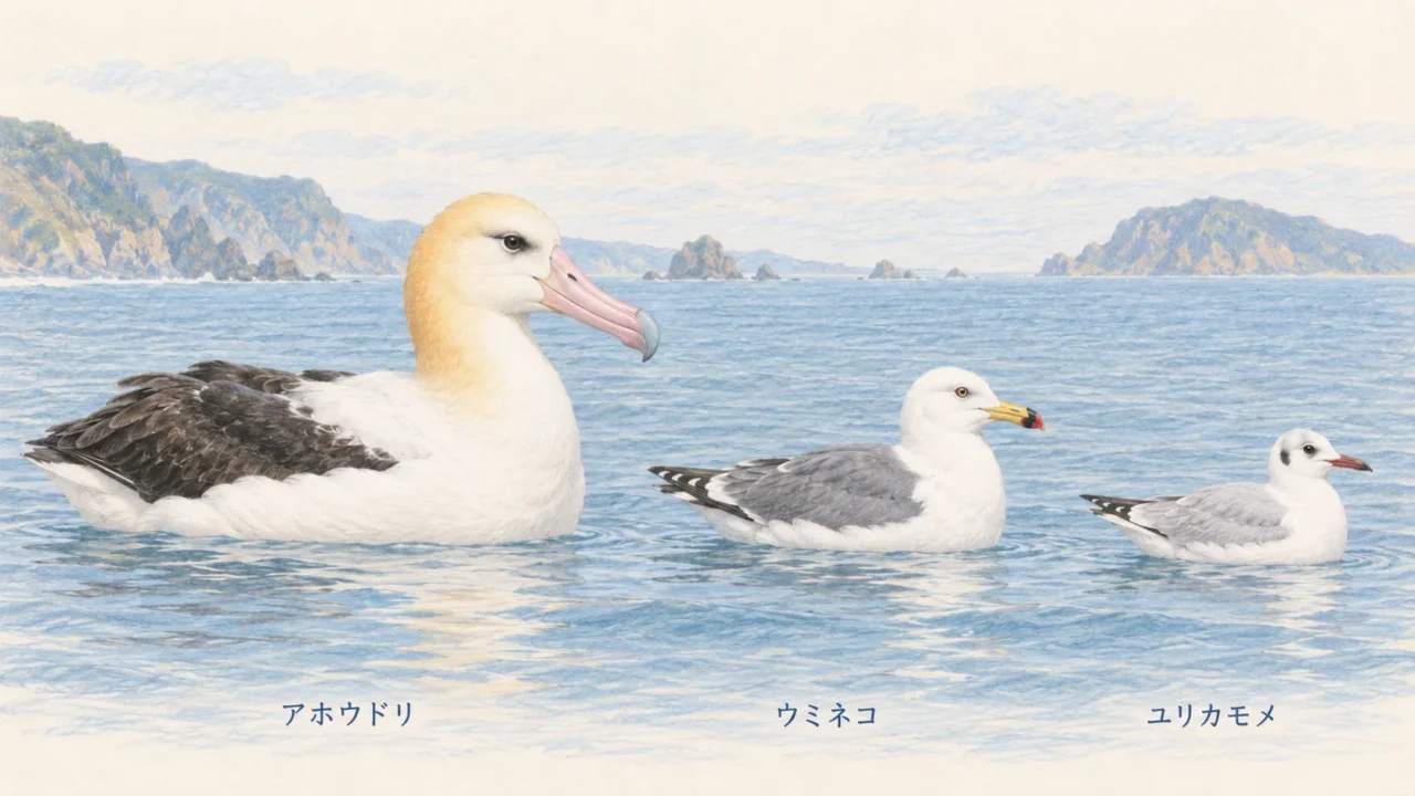 海面に浮かぶアホウドリ、ウミネコ、冬羽のユリカモメの大きさとくちばしの違いを比べたイラスト