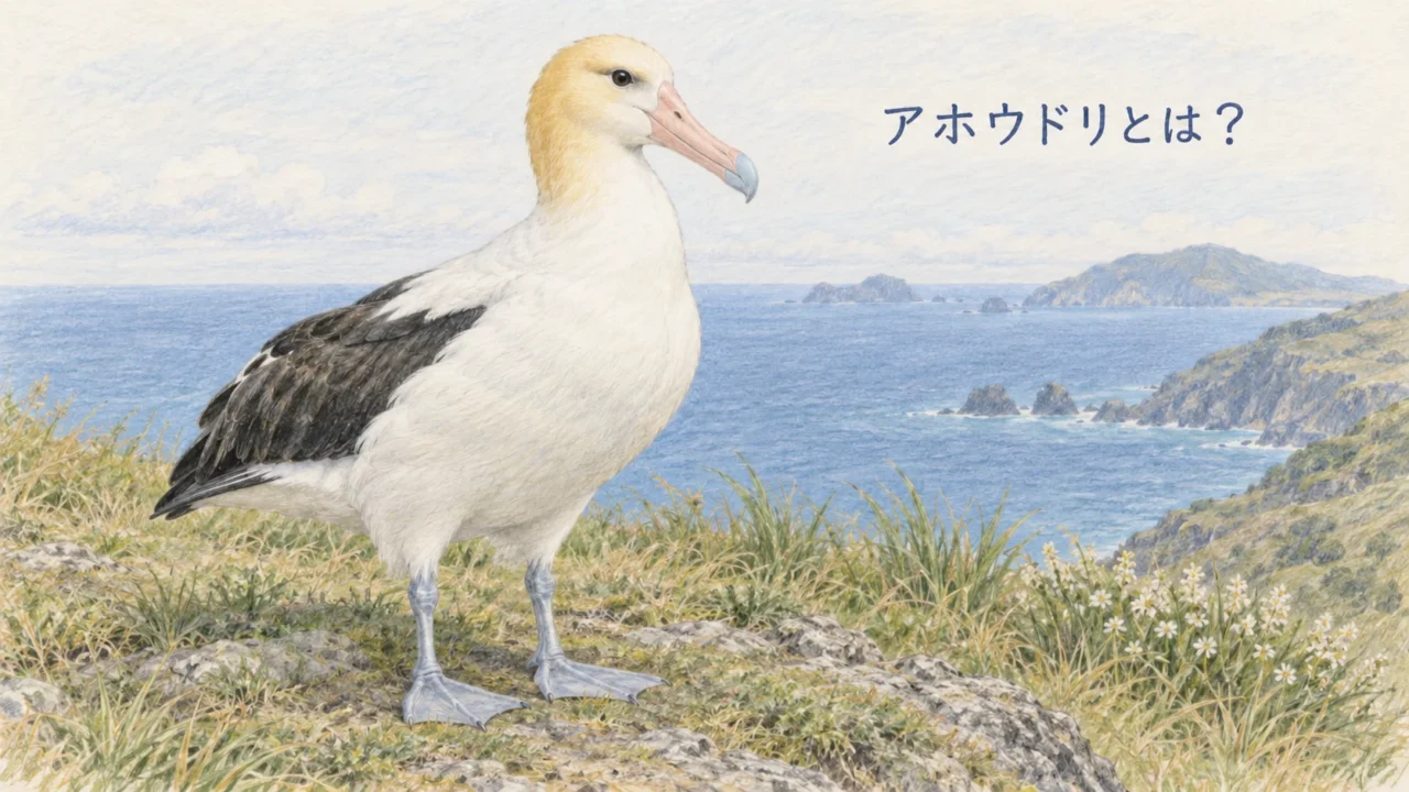 海辺に立つアホウドリの成鳥。淡い黄色の頭と大きなピンク色のくちばし、3本の前向きの指を持つ水かきのある足