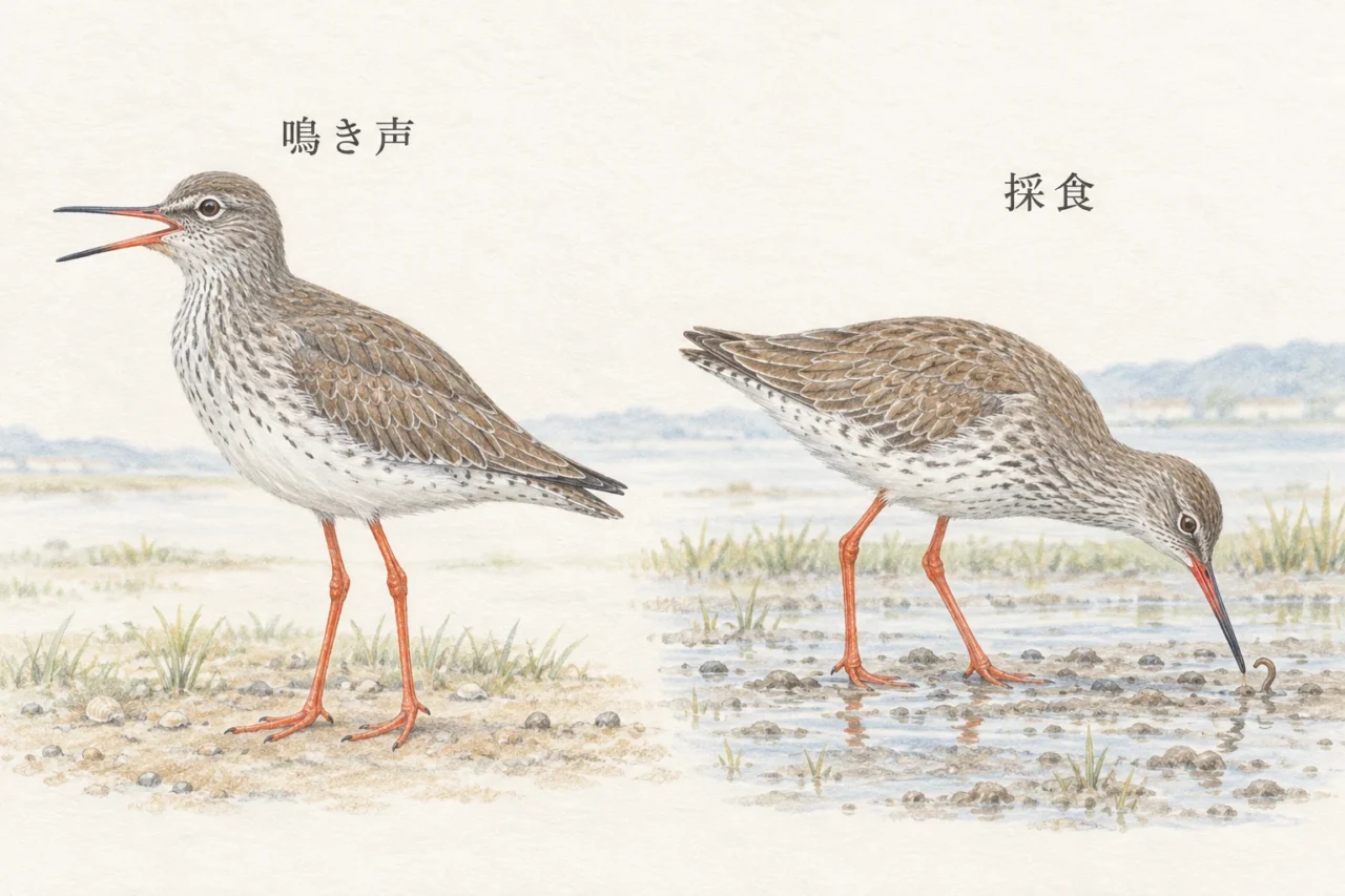 鳴くアカアシシギと泥の中の餌を探すアカアシシギを並べた行動のイラスト