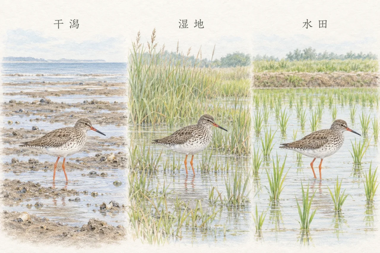 アカアシシギが利用する干潟、湿地、水田の浅い水辺を描いた横長の色鉛筆イラスト