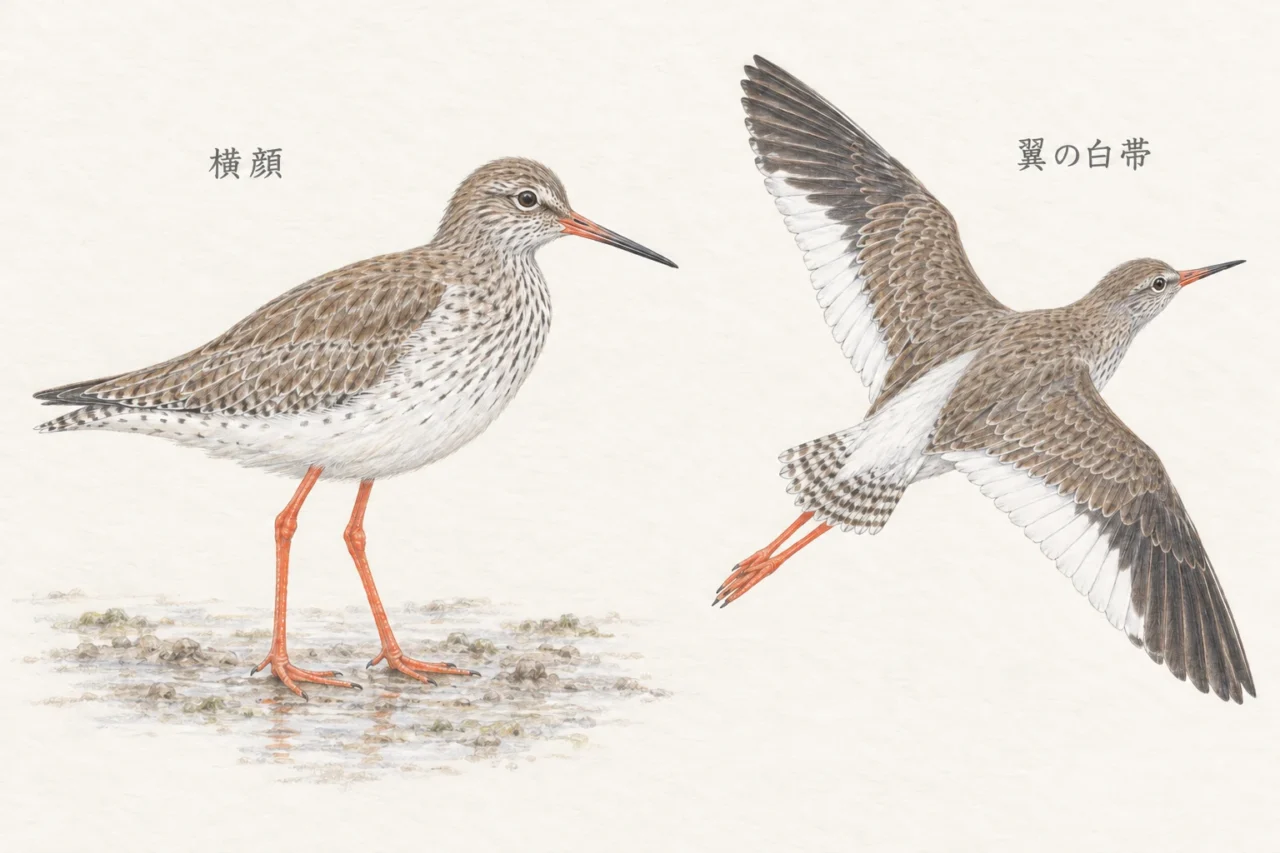 アカアシシギの横向きの全身と、飛翔時に見える翼の後縁の幅広い白帯を描いたイラスト