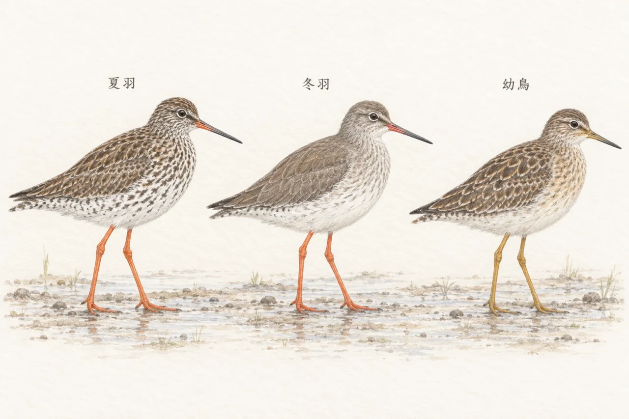 アカアシシギの夏羽、冬羽、幼鳥を並べ、胸や背中の模様と脚の色を比較したイラスト