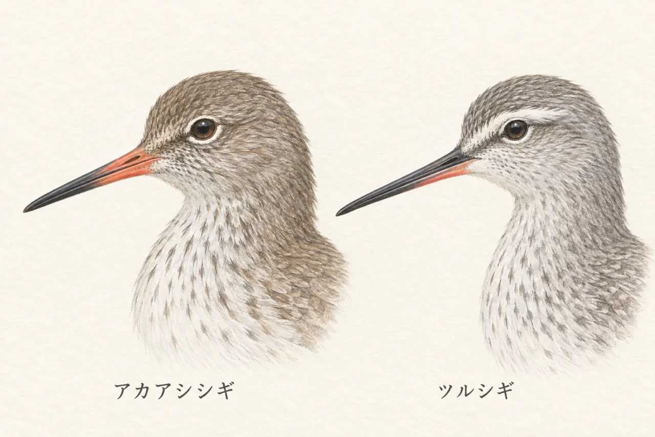 冬羽のアカアシシギとツルシギの横顔を並べ、くちばしの根元の色を比較したイラスト