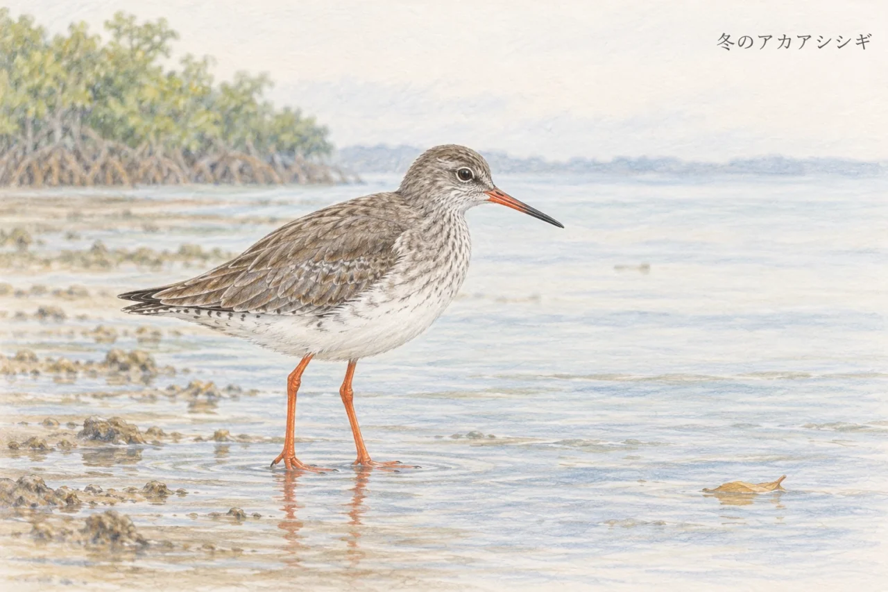 温暖な島の浅い水辺で休むアカアシシギを描いた色鉛筆イラスト