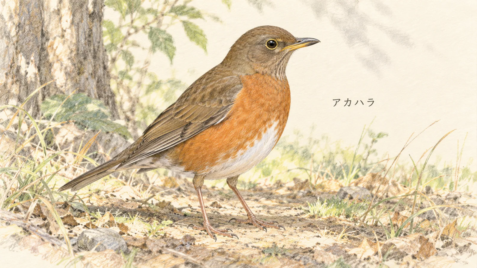 下くちばしの付け根が黄色く、胸から脇が赤茶色のアカハラ