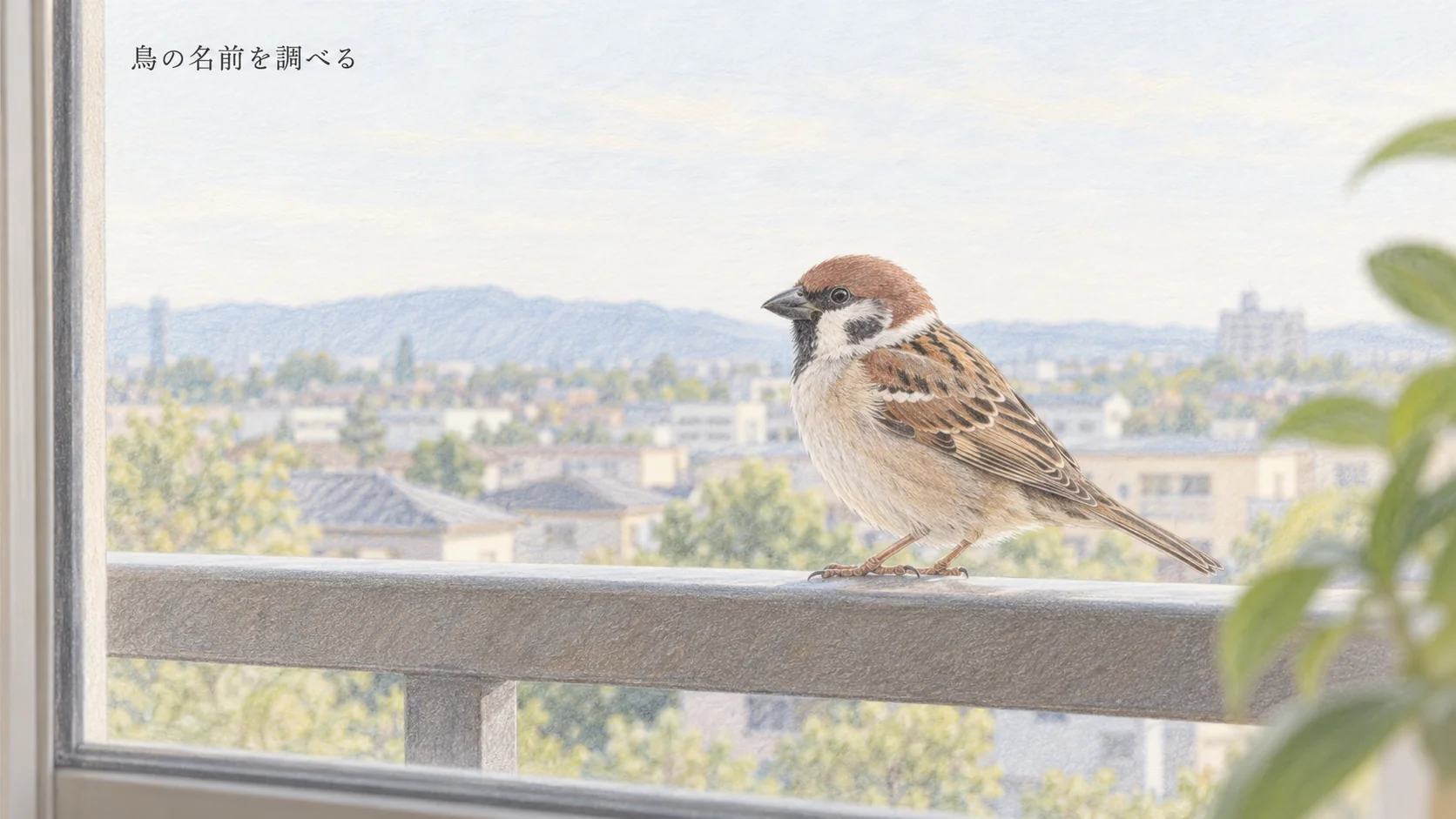 室内の窓越しにベランダの手すりのスズメを見る色鉛筆イラスト