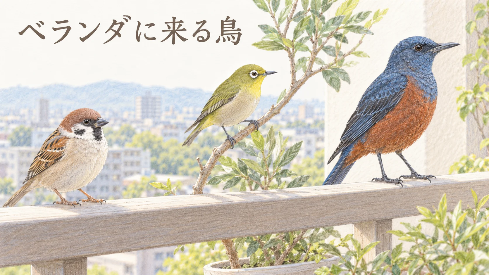 ベランダのスズメ、植木の枝のメジロ、イソヒヨドリのオスの色鉛筆イラスト