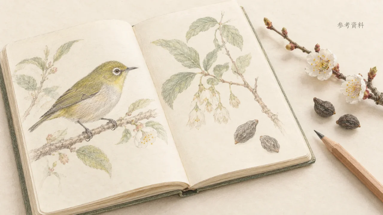 開いた野鳥図鑑と植物ノート、ウメの小枝とエゴノキの種子を添えた色鉛筆画