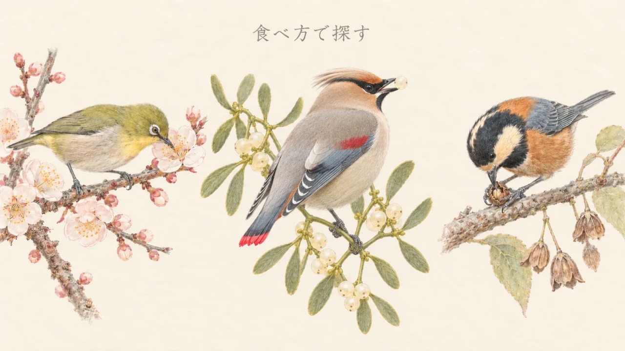 花にくちばしを入れるメジロ、細いヤドリギの茎につかまり実を食べるヒレンジャク、種子を割るヤマガラを比べた色鉛筆画