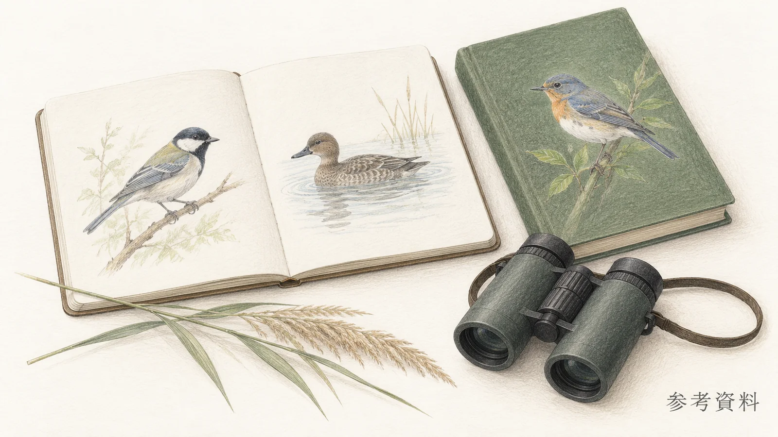 野鳥の図鑑、観察ノート、双眼鏡の色鉛筆画