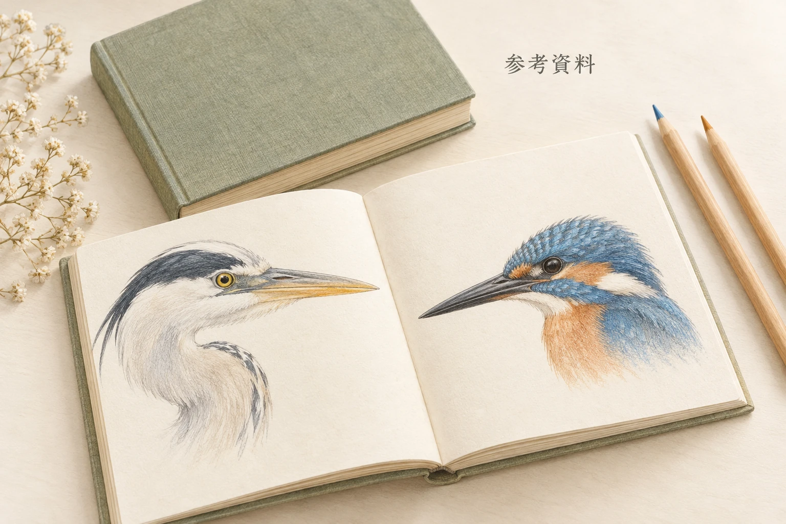 野鳥図鑑と色鉛筆を置いた参考資料のイラスト