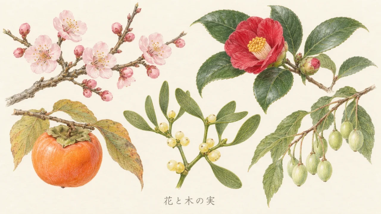ウメとツバキの花、カキ、ヤドリギ、エゴノキの実を並べた植物の色鉛筆画