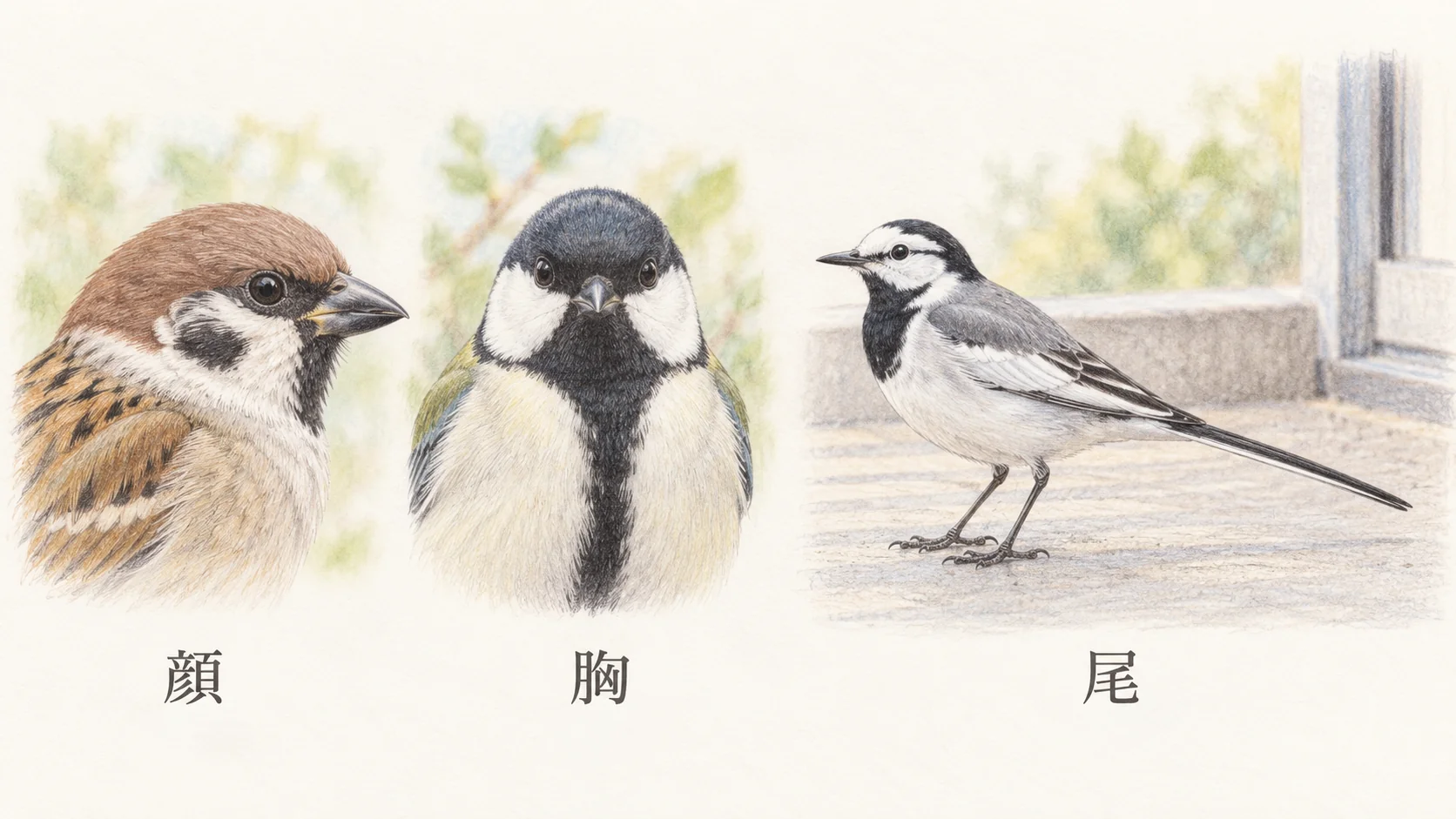 窓越しに鳥の顔、胸、尾を順に観察する色鉛筆イラスト