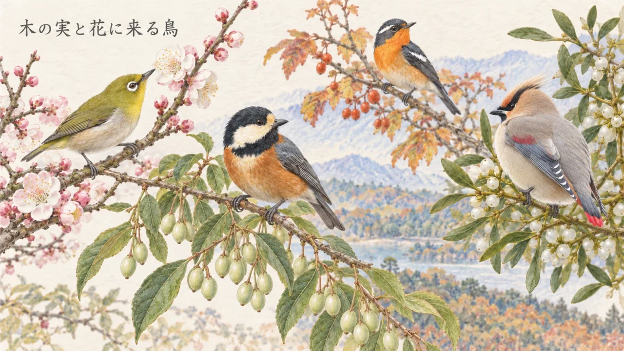 ウメの花に来るメジロ、エゴノキとヤマガラ、秋のムギマキ、ヤドリギに来るヒレンジャクの色鉛筆画