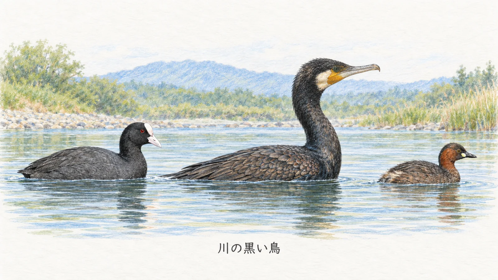 オオバンの白い額、カワウの長い首、カイツブリの小さな体を比較