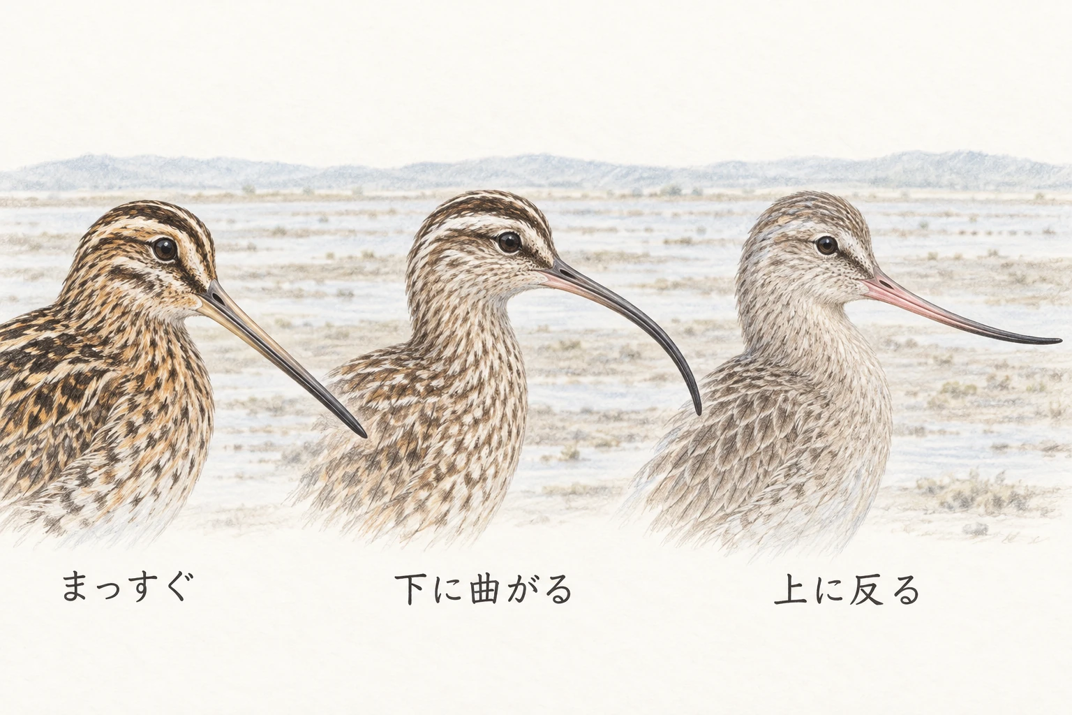 タシギ・チュウシャクシギ・オオソリハシシギのくちばしの形を比較