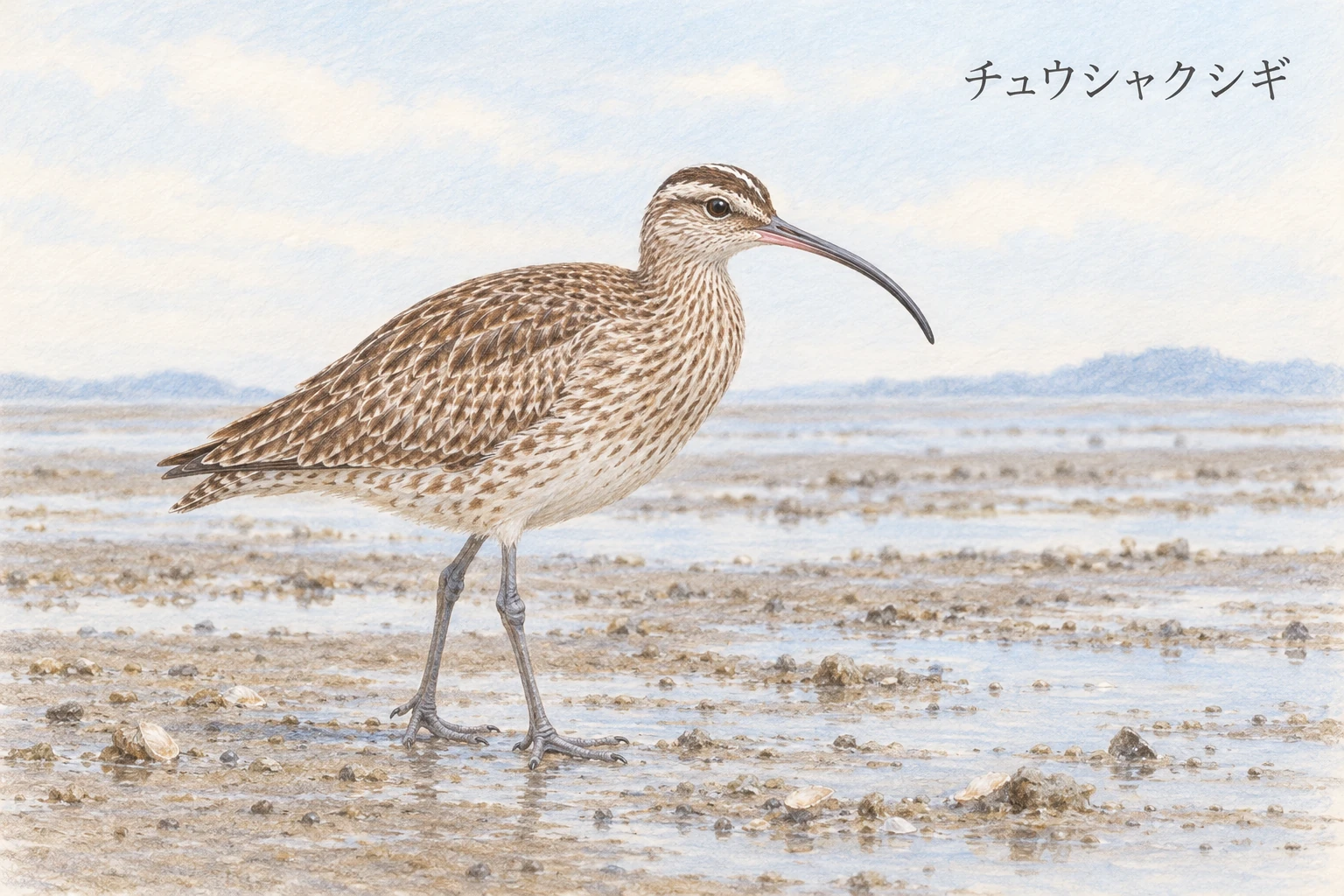 頭の縞模様と下に曲がるくちばしが目立つチュウシャクシギ