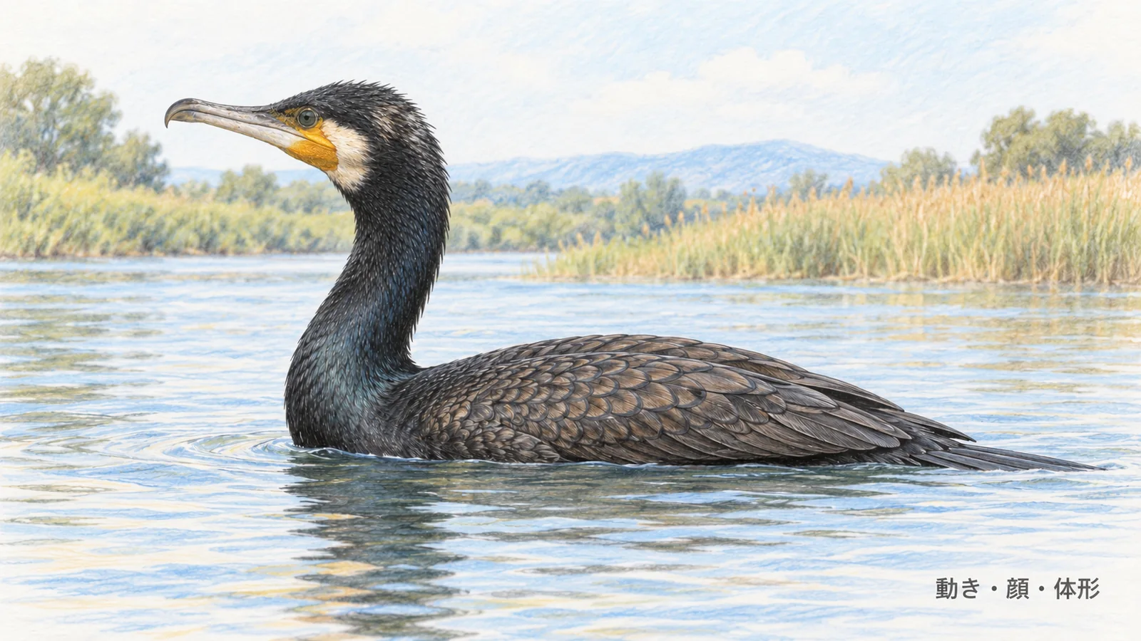 水面のカワウを横から見た、長い首と先が曲がるくちばし