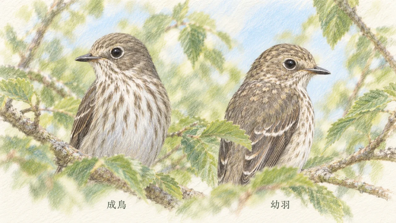 エゾビタキの成鳥と幼羽を並べ、幼羽の頭や背の淡い斑を示した色鉛筆画
