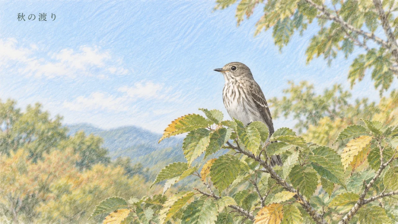 秋色の葉が混じる木の梢にとまるエゾビタキと淡い青空の色鉛筆画