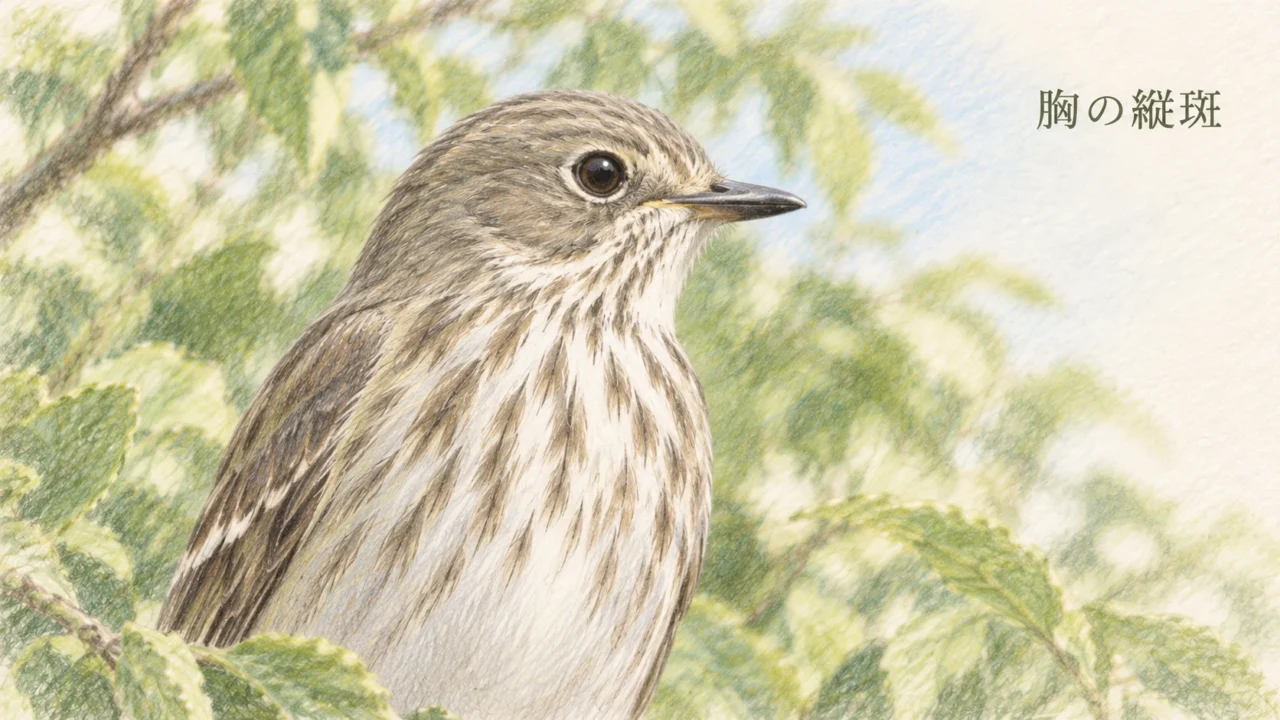 エゾビタキの白い胸に並ぶ暗色の縦斑を拡大した淡い色鉛筆画