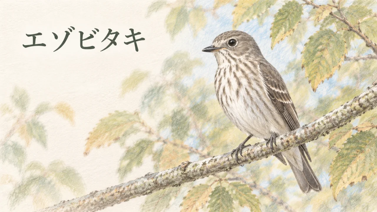 秋の枝にとまり、白い胸の縦斑を見せるエゾビタキの淡い色鉛筆画