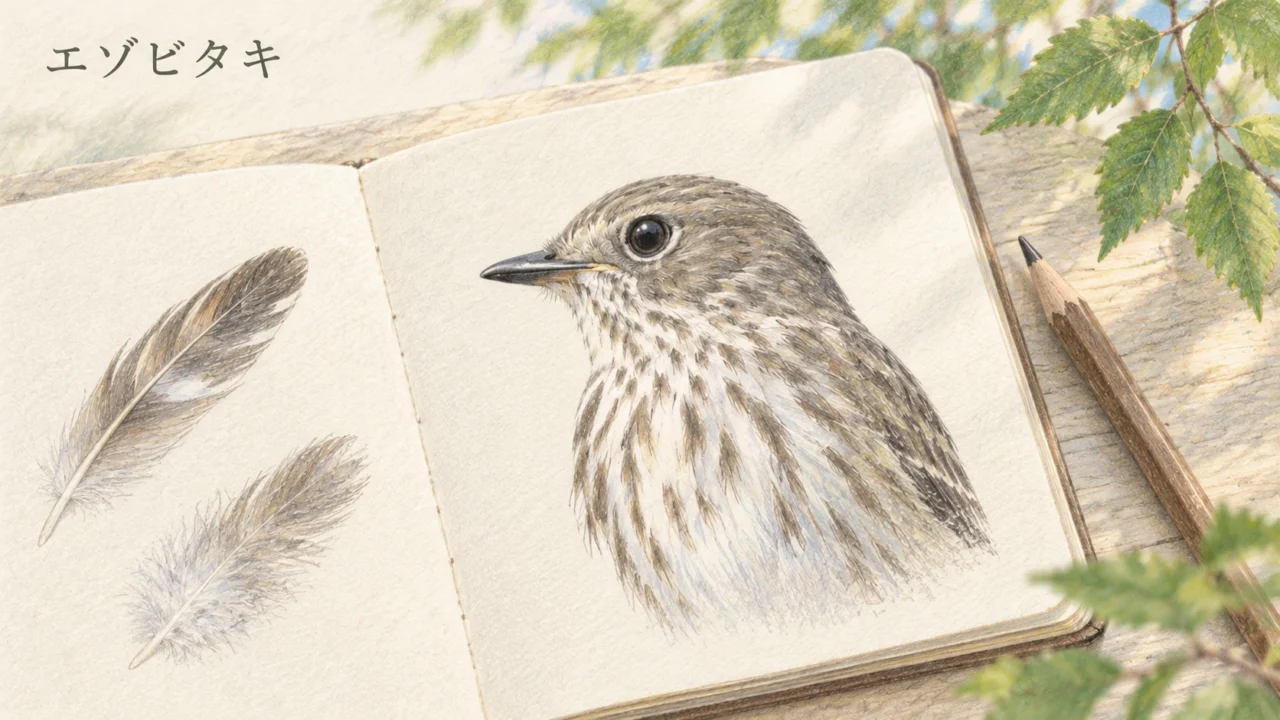開いた野帳にエゾビタキの頭と縦斑のある胸、羽の観察スケッチを描いた色鉛筆画