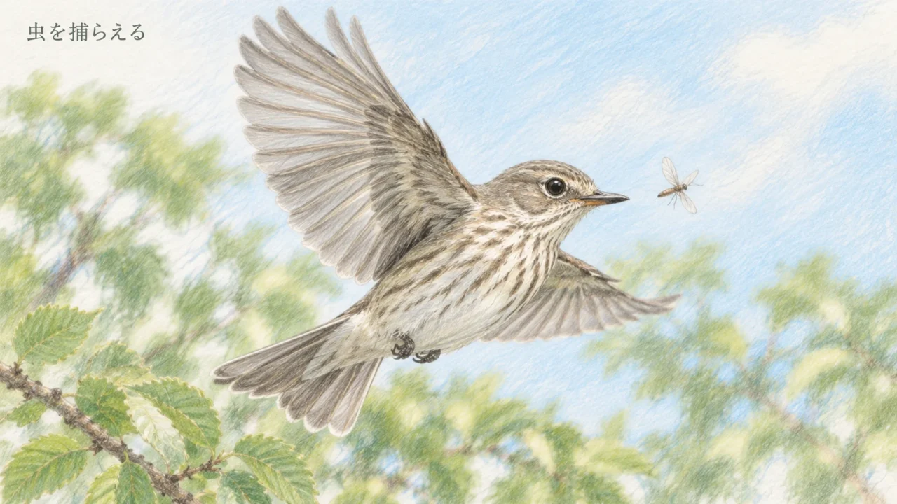 翼を広げ、空中の小さな昆虫へ向かうエゾビタキのフライングキャッチを描いた色鉛筆画