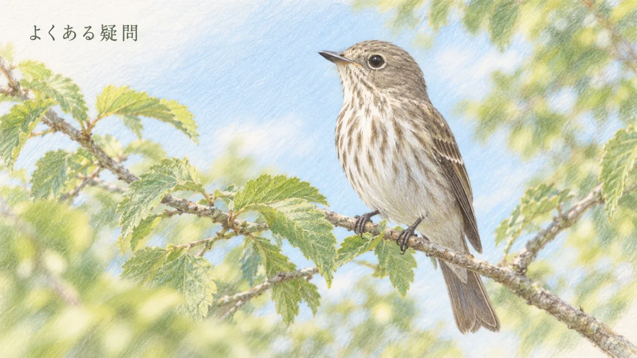 小枝にとまり、少し上を向くエゾビタキ。白い胸の縦斑が見える淡い色鉛筆画